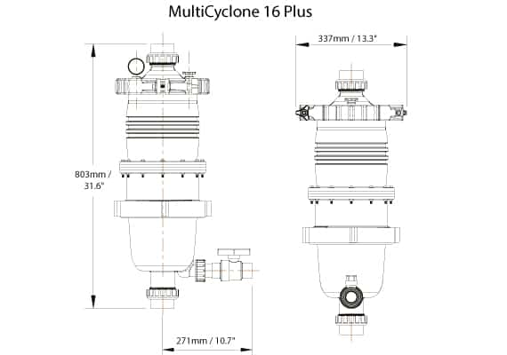 Dimensions Filtre centrifuge à cartouche Waterco Multicyclone plus 16